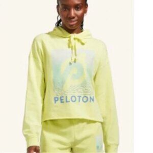 Peloton Sweatshirt Womens M Neon Highlighter Yellow Cropped Graphic Print Hoodie